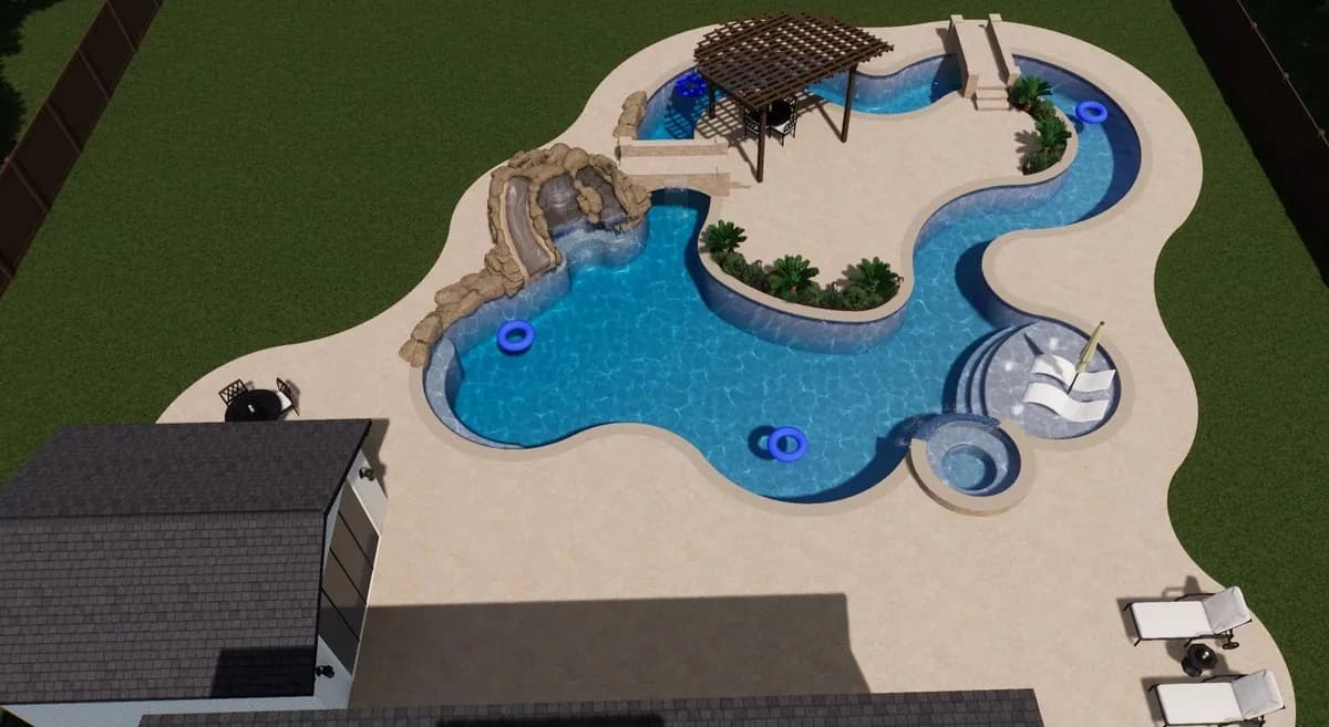 3D design rendering of a freeform pool with a lazy river and pavilion from the Anthem Pools design process
