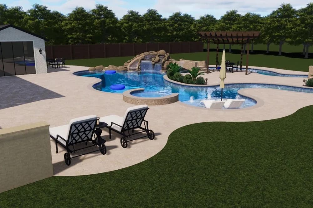 3D design rendering of a custom pool with a lazy river from the Anthem Pools design process